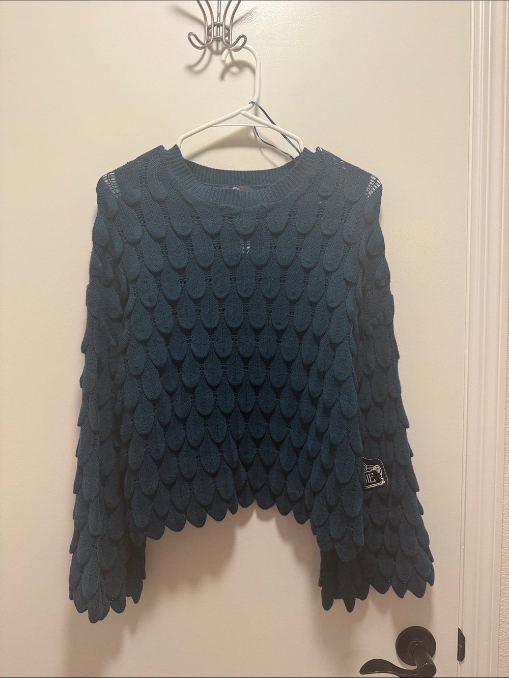Angie Teal Scalloped Textured Crewneck Sweater
